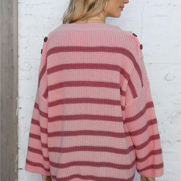 Round Neck Dropped Shoulder Striped Sweater - Crazy Like a Daisy Boutique #
