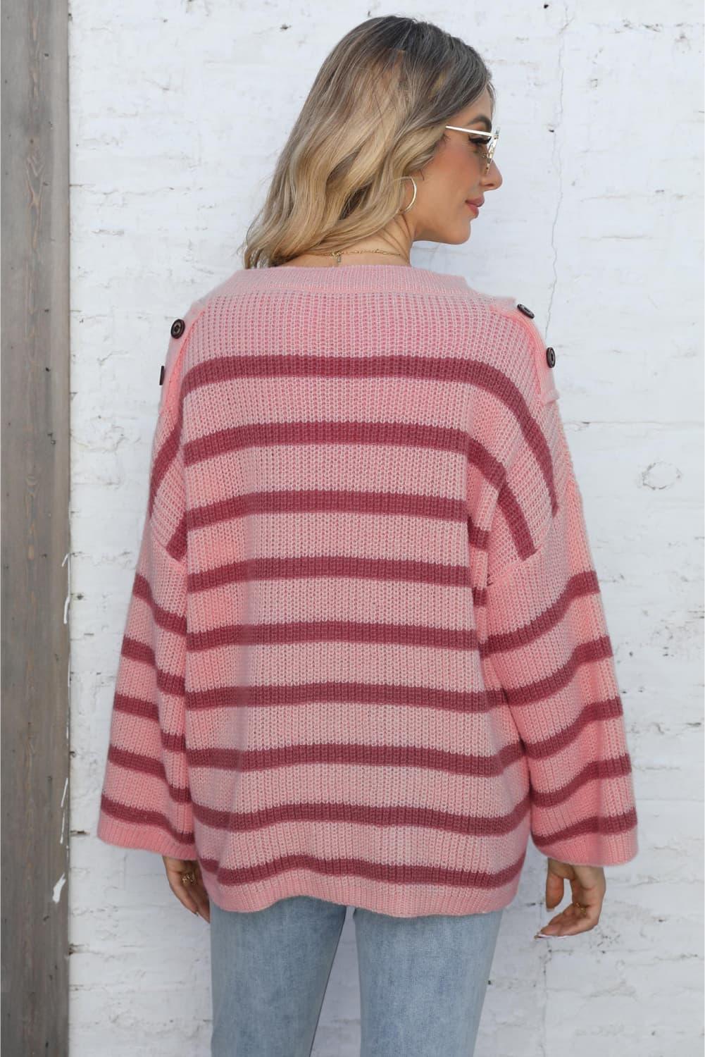 Round Neck Dropped Shoulder Striped Sweater - Crazy Like a Daisy Boutique #