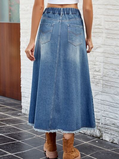 Raw Hem Buttoned Denim Skirt with Pockets - Crazy Like a Daisy Boutique #