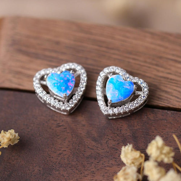 Opal Heart Stud Earrings 925 Sterling Silver - Crazy Like a Daisy Boutique #