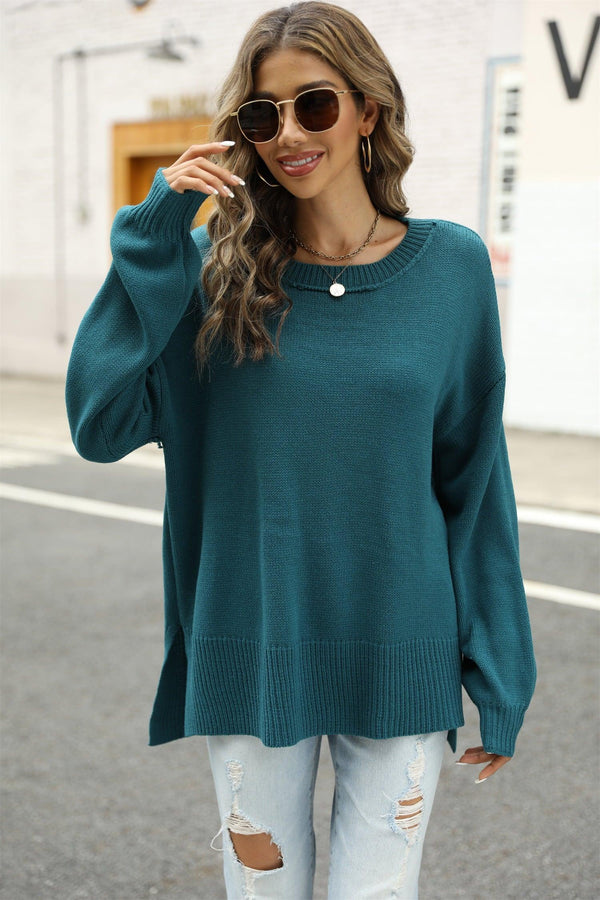 Round Neck Dropped Shoulder Slit Sweater - Crazy Like a Daisy Boutique #