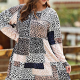 Plus Size Round Neck Leopard Print Long Sleeve Mini Dress - Crazy Like a Daisy Boutique