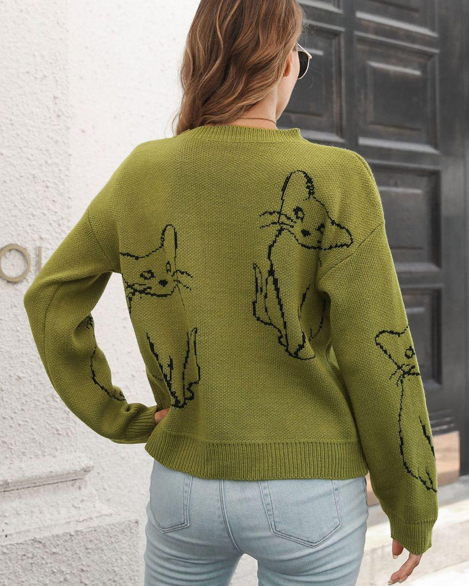 Cat Pattern Round Neck Long Sleeve Pullover Sweater - Crazy Like a Daisy Boutique