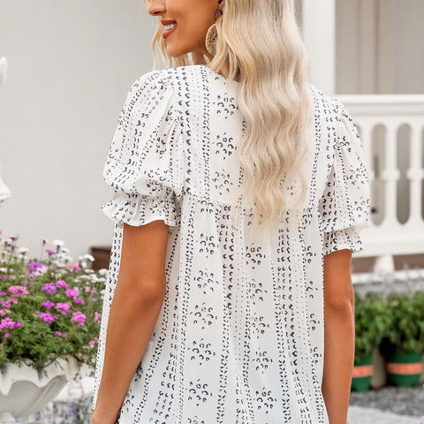 Embroidered Round Neck Flounce Sleeve Blouse - Crazy Like a Daisy Boutique