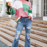 Round Neck Color Block Dropped Shoulder Sweater - Crazy Like a Daisy Boutique #