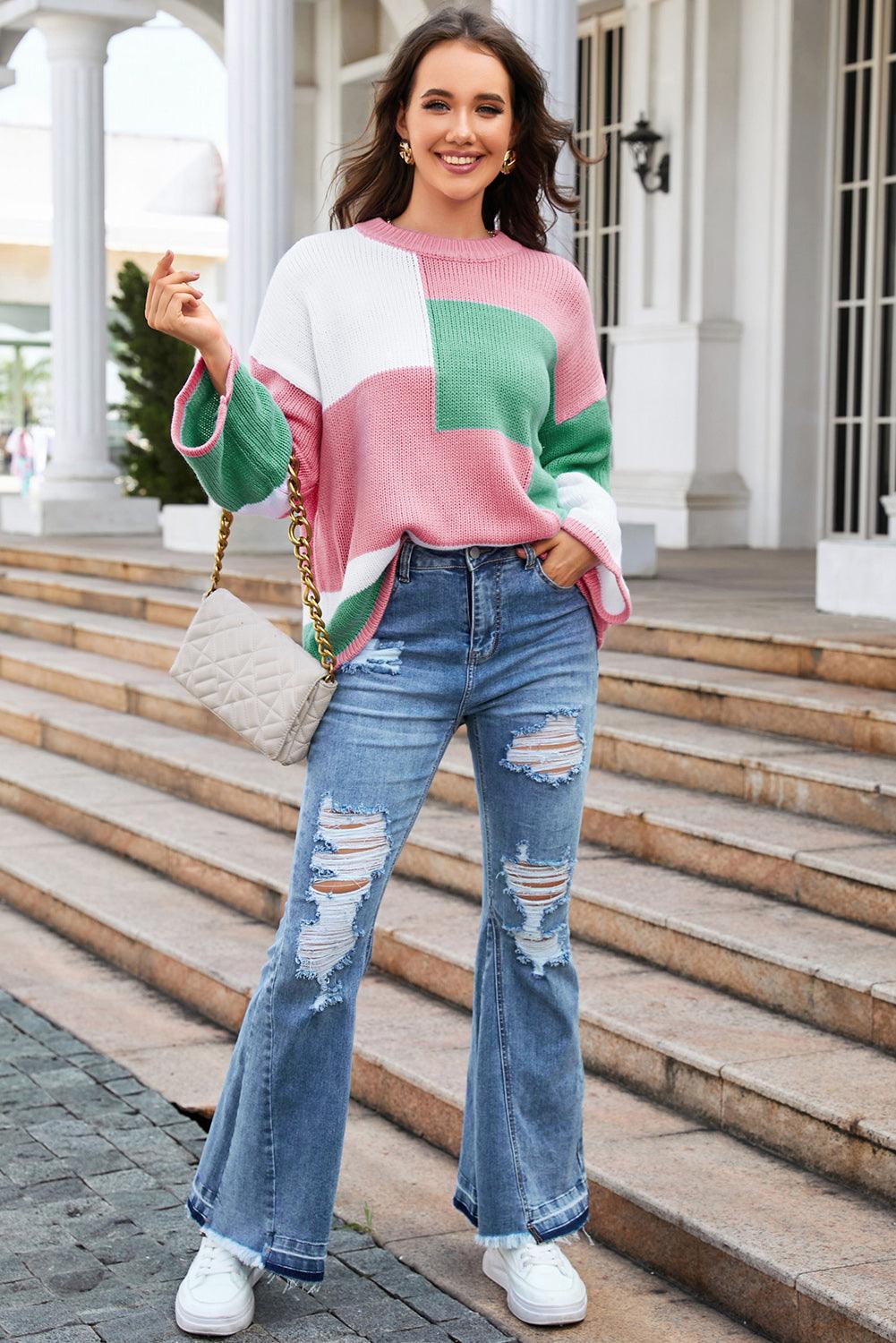 Round Neck Color Block Dropped Shoulder Sweater - Crazy Like a Daisy Boutique #