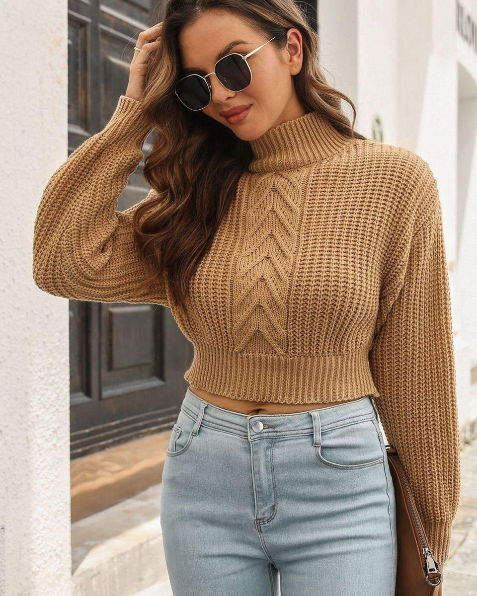 Cropped Mock Neck Cable Knit Pullover Sweater - Crazy Like a Daisy Boutique