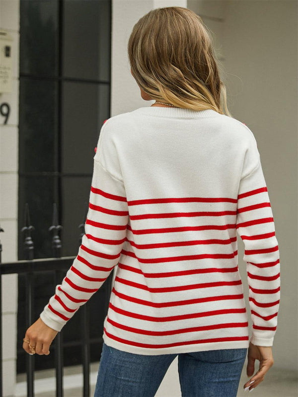 Round Neck Shoulder Button Striped Pullover Sweater - Crazy Like a Daisy Boutique