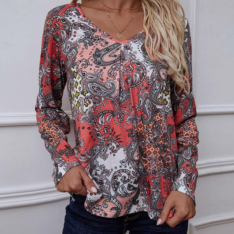 Printed V-Neck Long Sleeve Blouse - Crazy Like a Daisy Boutique