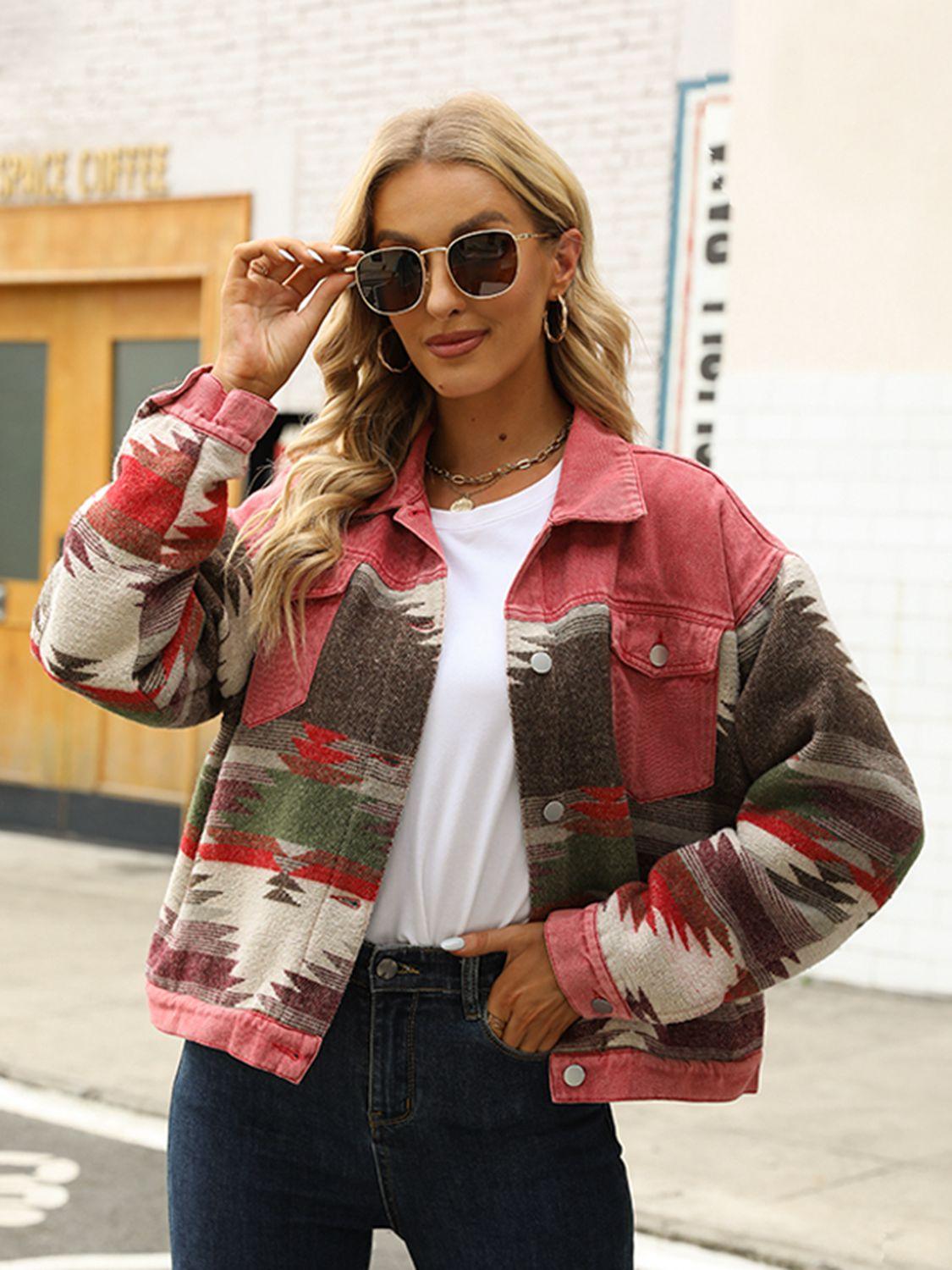 Printed Dropped Shoulder Long Sleeve Denim Jacket - Crazy Like a Daisy Boutique #