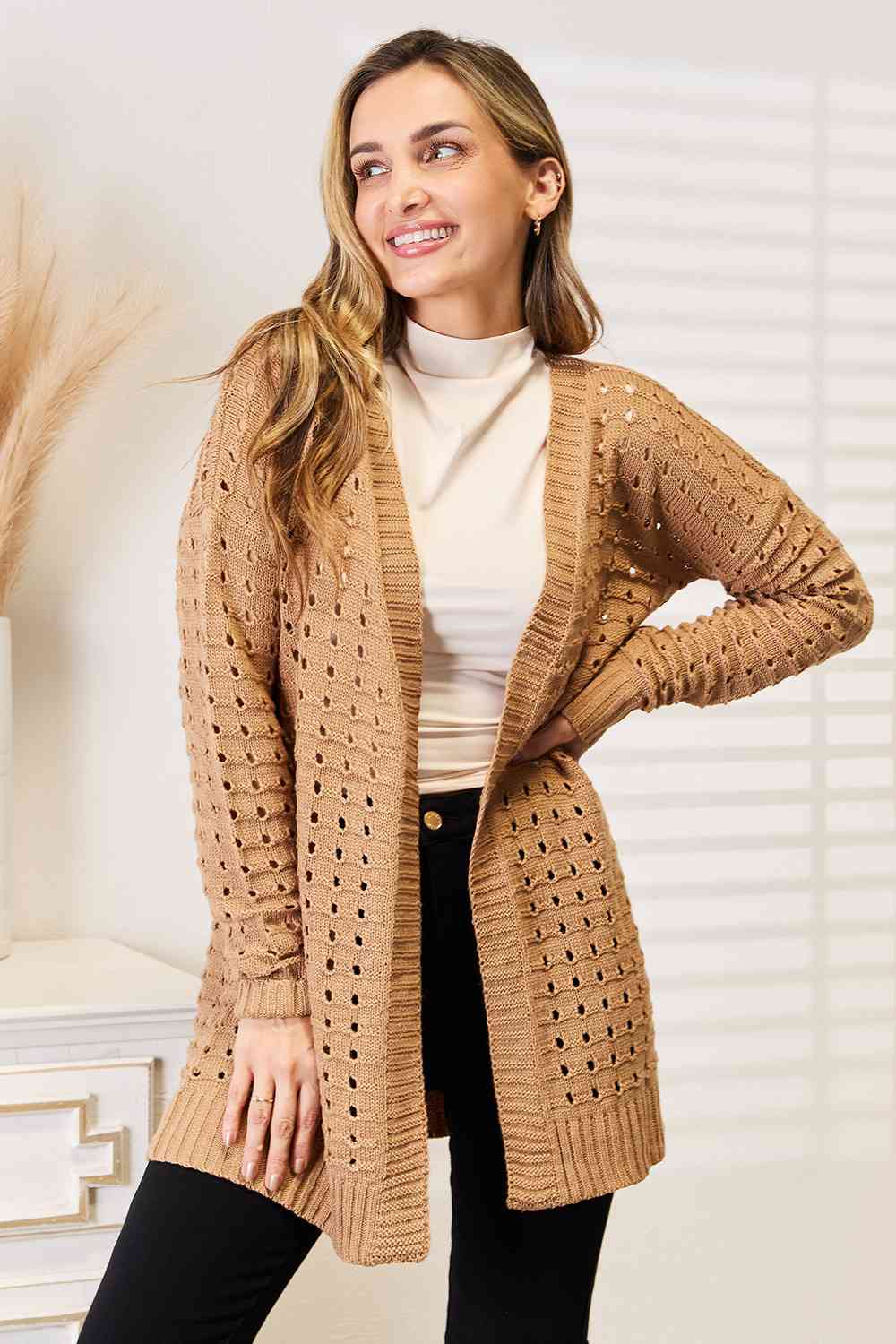 Woven Right Openwork Horizontal Ribbing Open Front Cardigan - Crazy Like a Daisy Boutique #