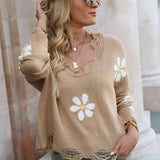 Flower Distressed Long Sleeve Sweater - Crazy Like a Daisy Boutique