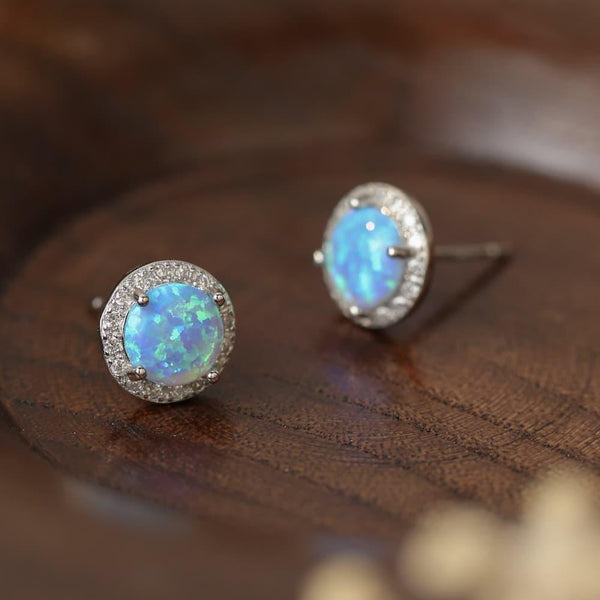 Opal Round Stud Earrings 925 Sterling Silver Platinum-Plated - Crazy Like a Daisy Boutique