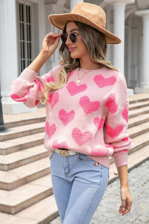 Round Neck Dropped Shoulder Sweater with Heart Pattern - Crazy Like a Daisy Boutique #
