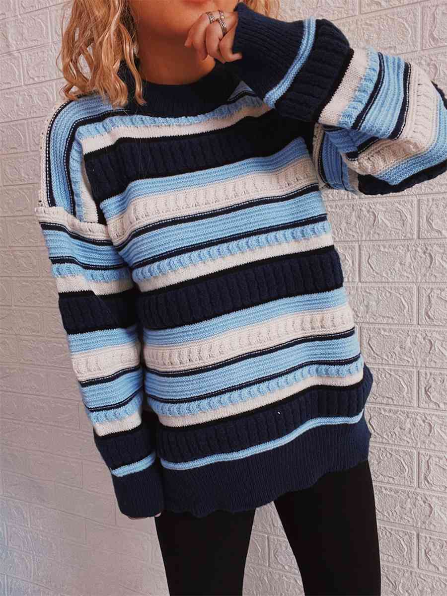 Striped Drop Shoulder Round Neck Sweater - Crazy Like a Daisy Boutique #