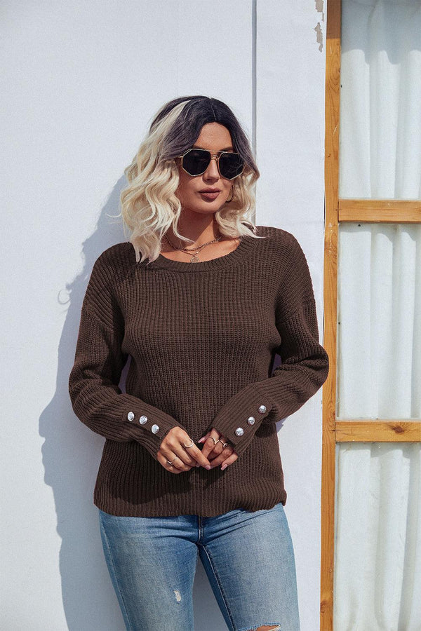 Round Neck Long Sleeve Waffle-Knit Sweater - Crazy Like a Daisy Boutique