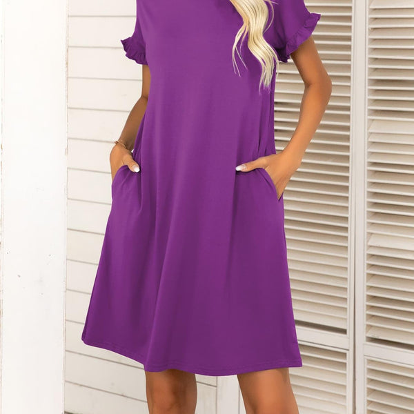 Round Neck Flounce Sleeve Dress with Pockets - Crazy Like a Daisy Boutique