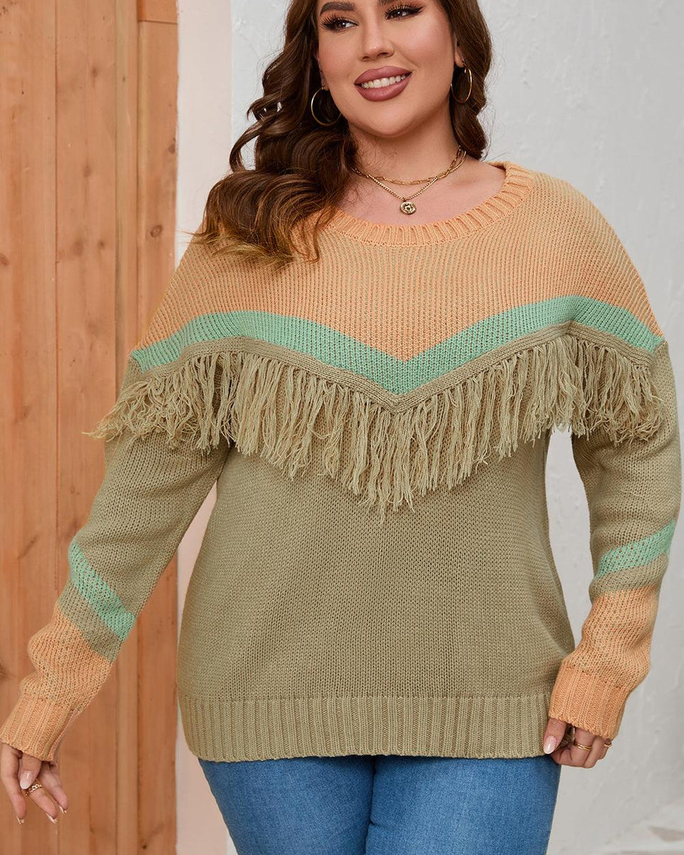 Plus Size Fringe Detail Round Neck Long Sleeve Sweater - Crazy Like a Daisy Boutique