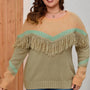 Plus Size Fringe Detail Round Neck Long Sleeve Sweater - Crazy Like a Daisy Boutique #