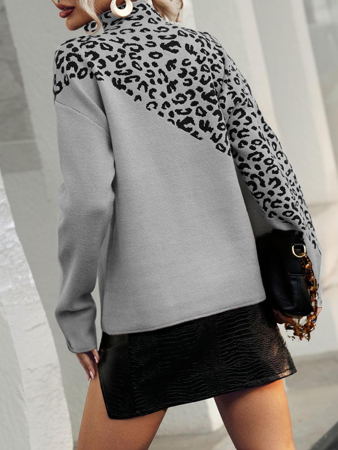 Leopard Mock Neck Dropped Shoulder Sweater - Crazy Like a Daisy Boutique #