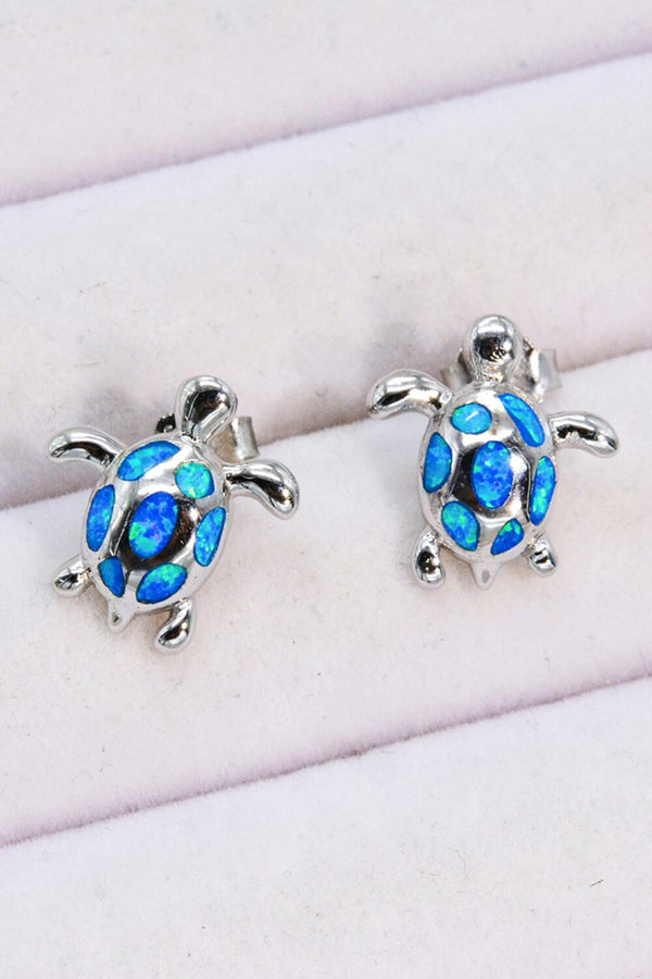 Blue Opal Turtle Platinum-Plated Stud Earrings - Crazy Like a Daisy Boutique #