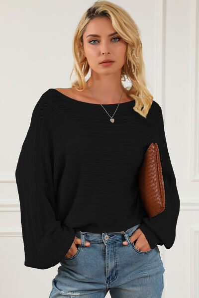 Openwork Boat Neck Lantern Sleeve Sweater - Crazy Like a Daisy Boutique #