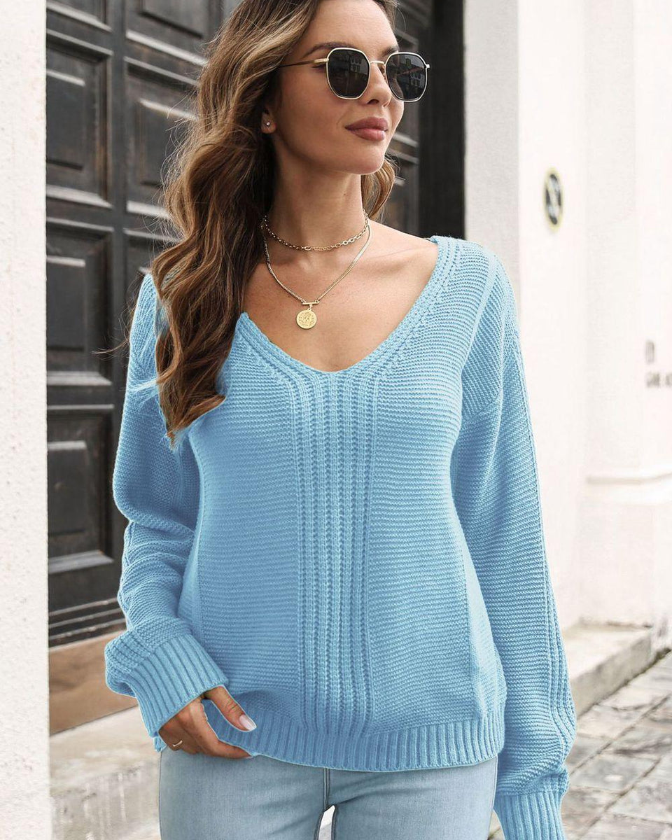 Ribbed Scoop Neck Long Sleeve Pullover Sweater - Crazy Like a Daisy Boutique