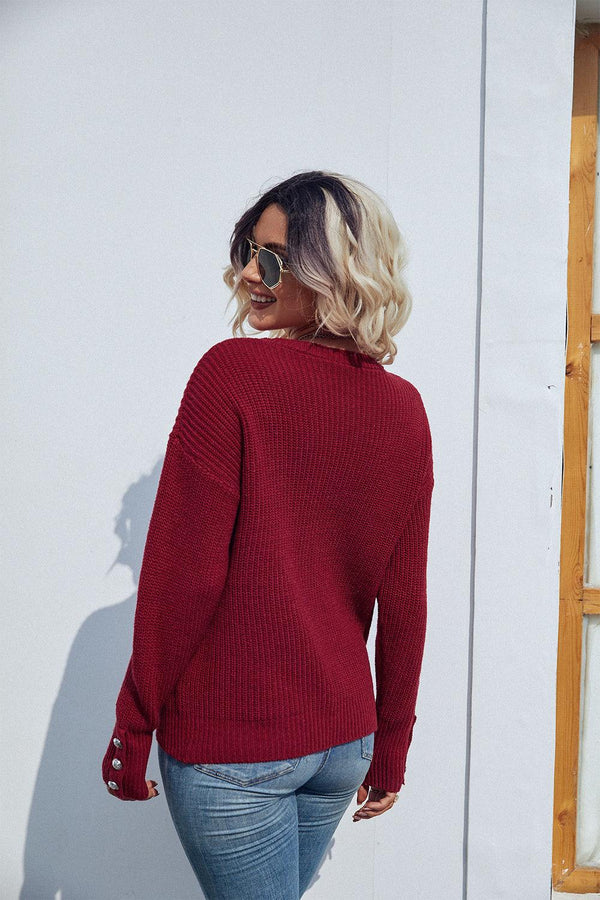 Round Neck Long Sleeve Waffle-Knit Sweater - Crazy Like a Daisy Boutique #