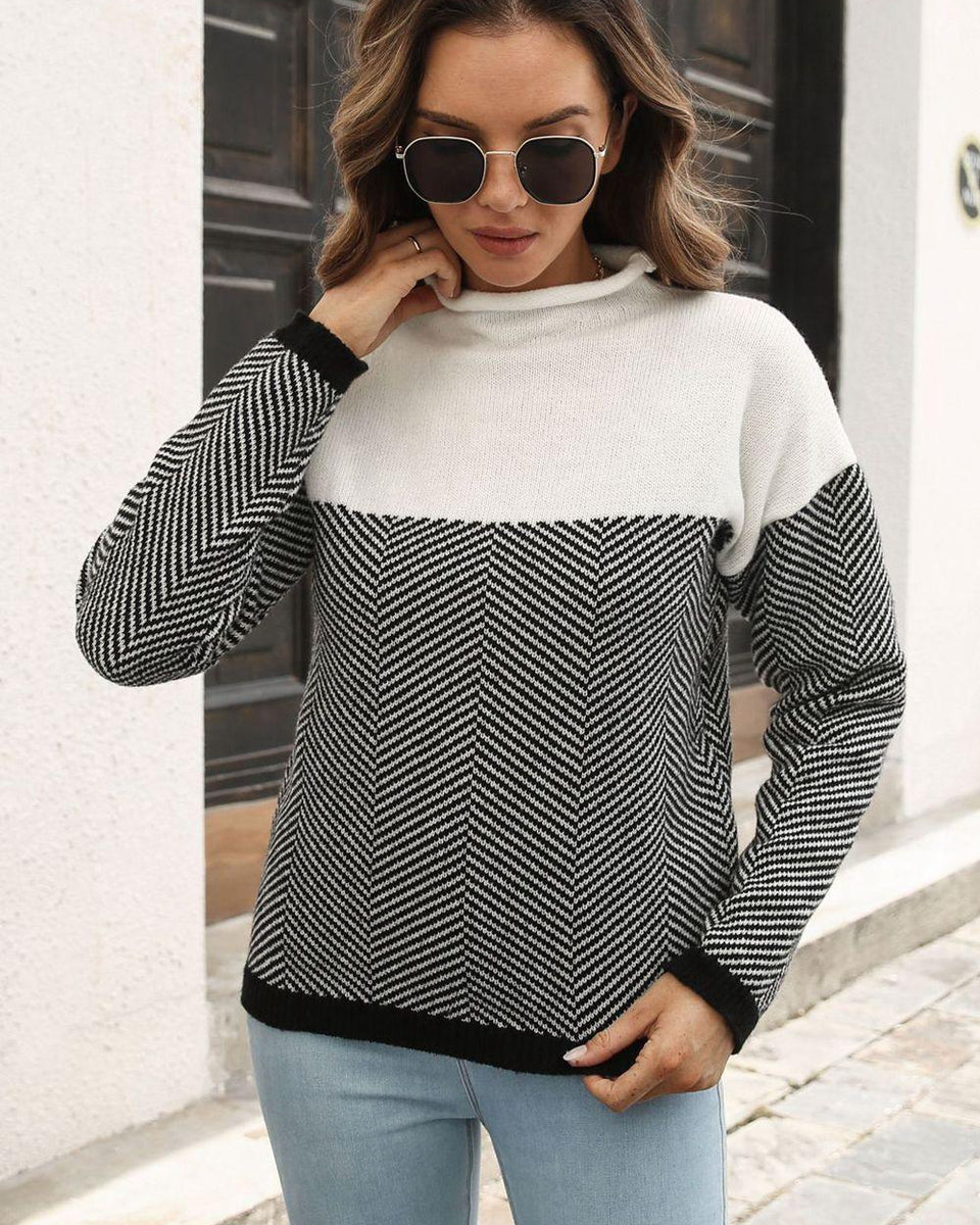 Two-Tone Mock Neck Dropped Shoulder Pullover Sweater - Crazy Like a Daisy Boutique