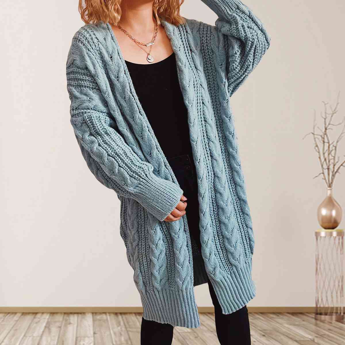 Cable-Knit Open Front Dropped Shoulder Cardigan - Crazy Like a Daisy Boutique #