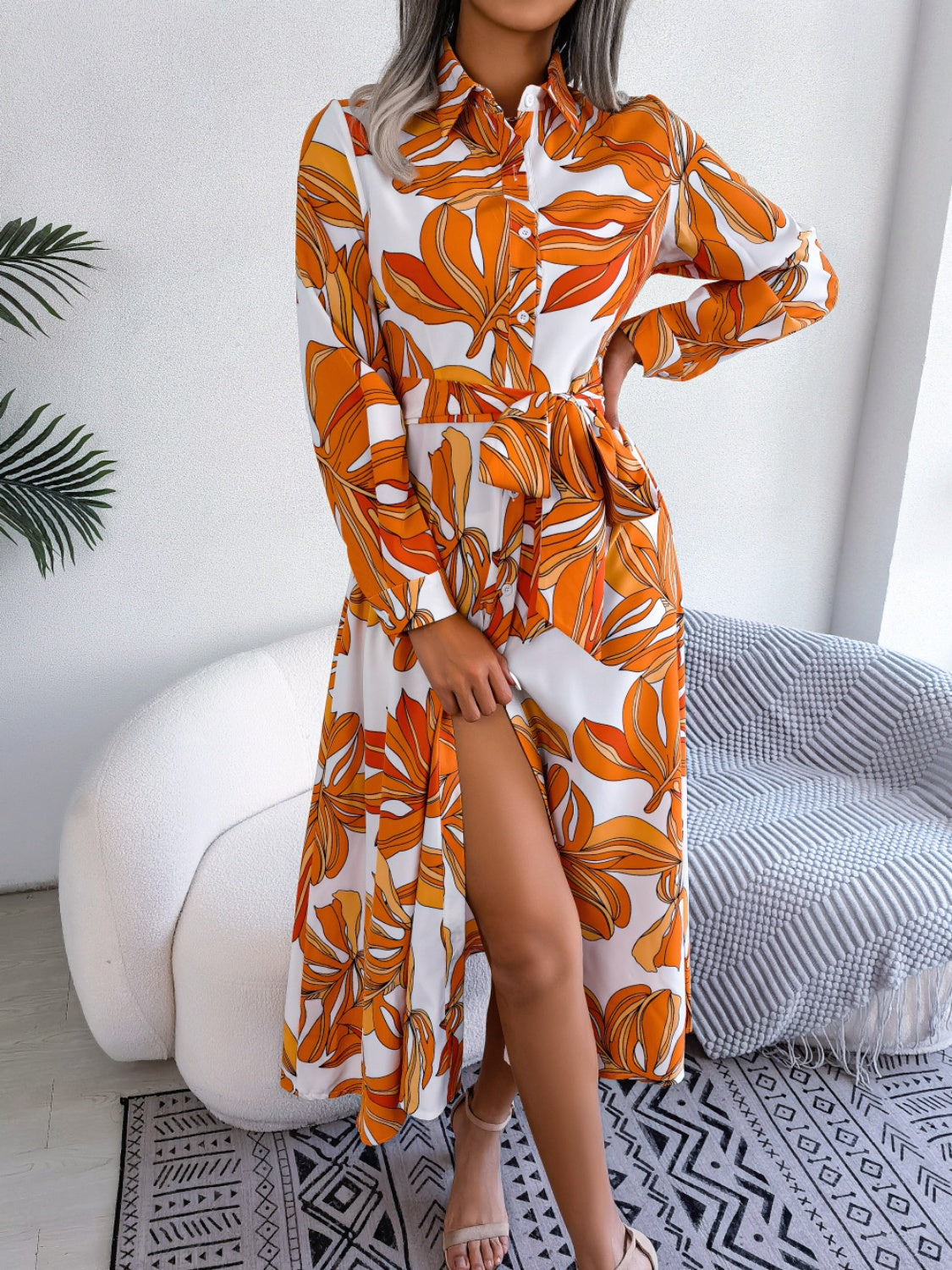 Tied Button Up Long Sleeve Dress