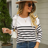 Round Neck Shoulder Button Striped Pullover Sweater - Crazy Like a Daisy Boutique #
