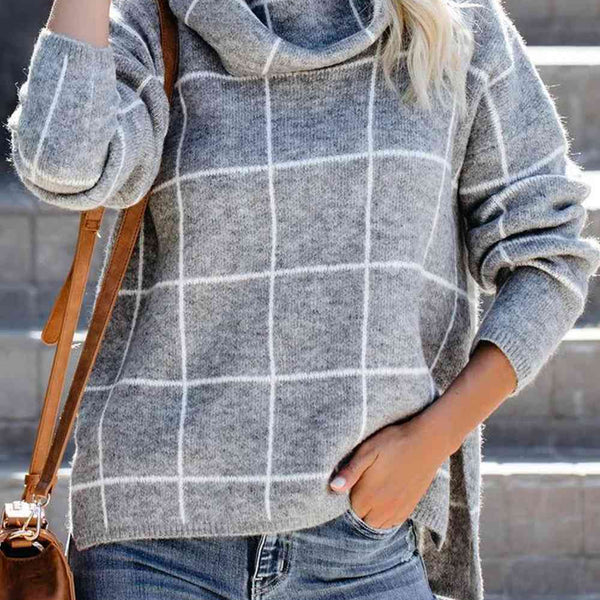 Plaid Turtleneck Drop Shoulder Sweater - Crazy Like a Daisy Boutique #