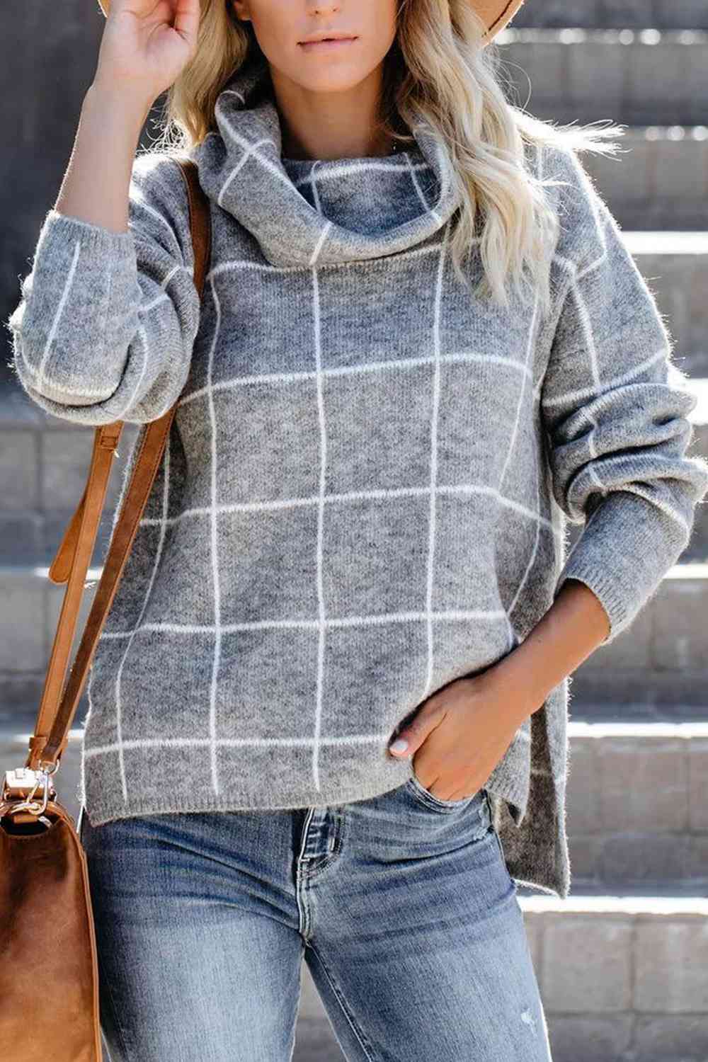 Plaid Turtleneck Drop Shoulder Sweater - Crazy Like a Daisy Boutique #