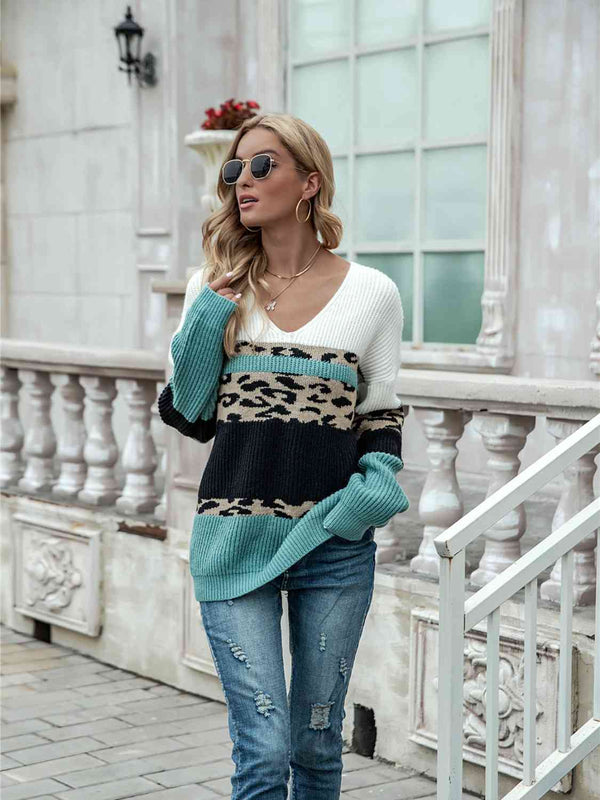 Leopard Color Block V-Neck Sweater - Crazy Like a Daisy Boutique #
