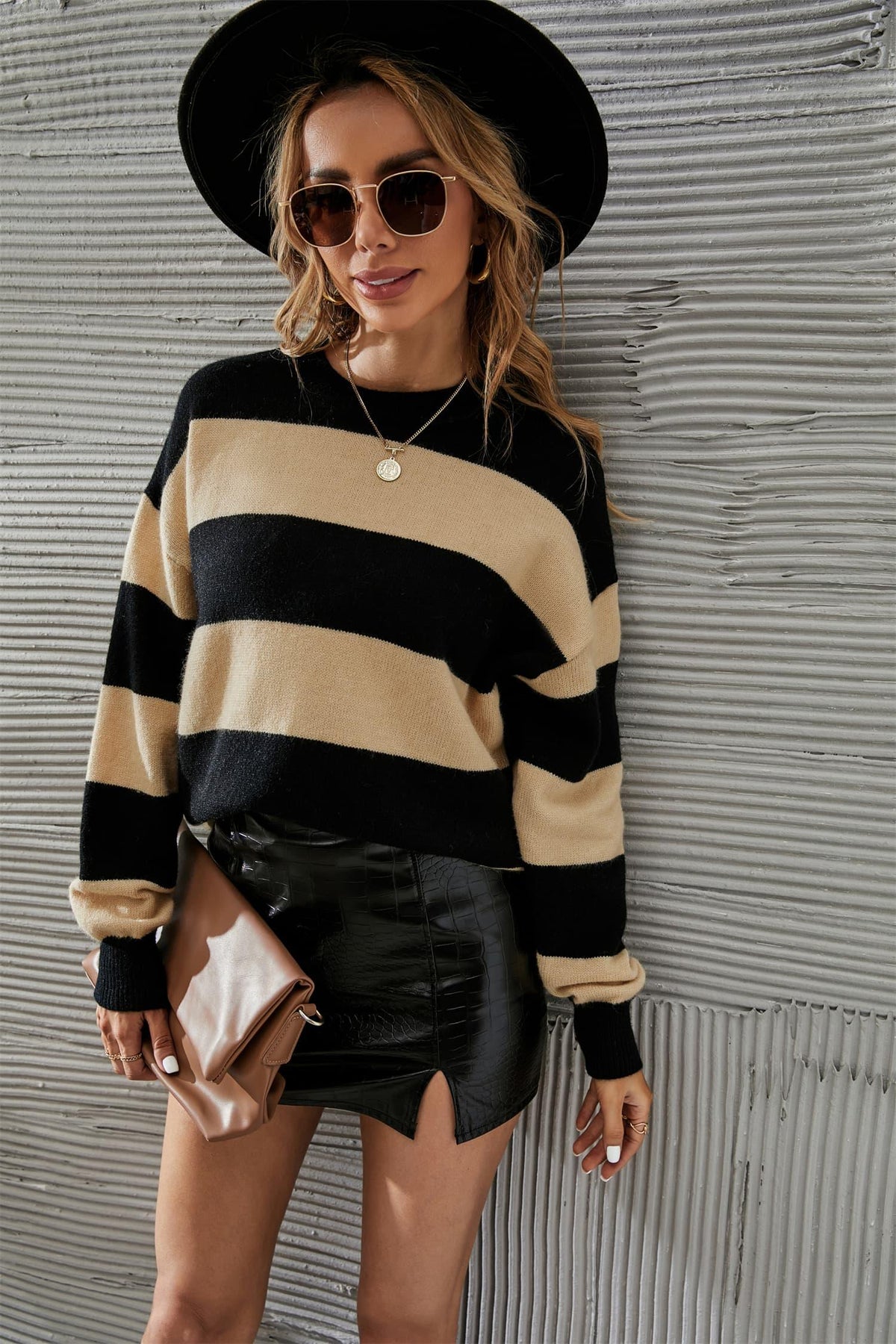 Two-Tone Round Neck Dropped Shoulder Sweater - Crazy Like a Daisy Boutique #