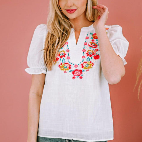 Embroidered Notched Neck Flounce Sleeve Top - Crazy Like a Daisy Boutique