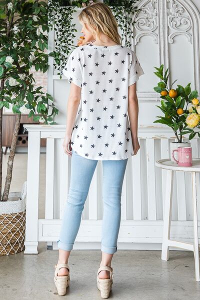 Heimish Full Size Star Print Short Sleeve V-Neck Waffle Knit T-Shirt - Crazy Like a Daisy Boutique