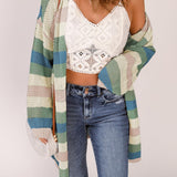 Full Size Striped Long Sleeve Openwork Cardigan - Crazy Like a Daisy Boutique
