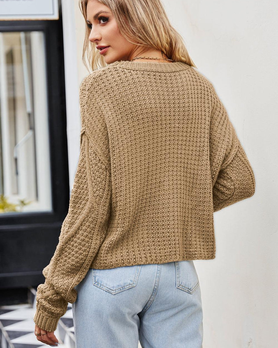Cable-Knit Round Neck Dropped Shoulder Sweater - Crazy Like a Daisy Boutique
