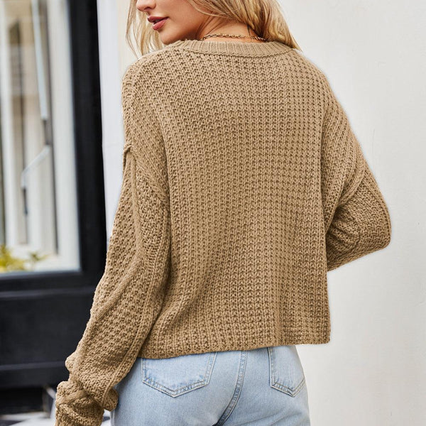 Cable-Knit Round Neck Dropped Shoulder Sweater - Crazy Like a Daisy Boutique #
