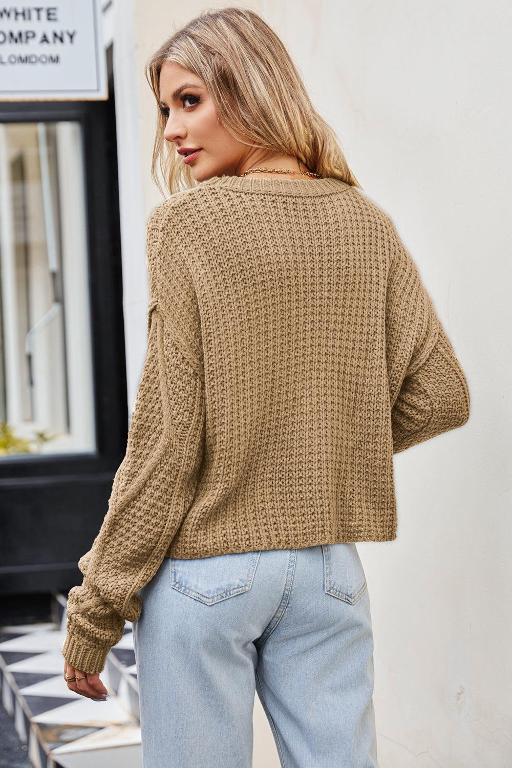 Cable-Knit Round Neck Dropped Shoulder Sweater - Crazy Like a Daisy Boutique #