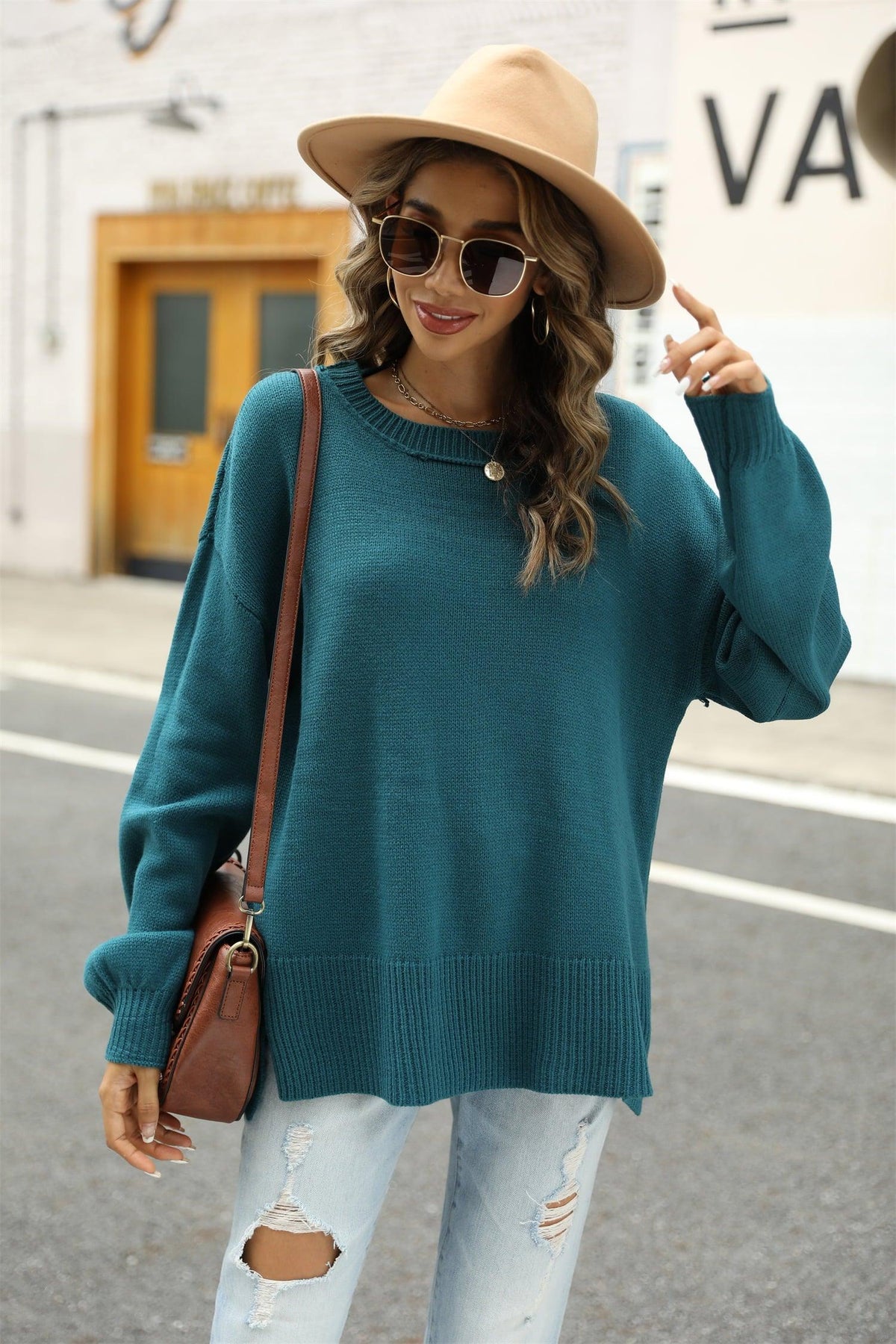 Round Neck Dropped Shoulder Slit Sweater - Crazy Like a Daisy Boutique #
