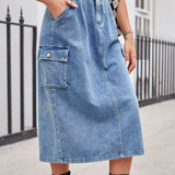 Slit Buttoned Denim Skirt with Pockets - Crazy Like a Daisy Boutique #