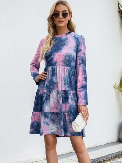 Tie-Dye Round Neck Long Sleeve Tiered Dress - Crazy Like a Daisy Boutique #