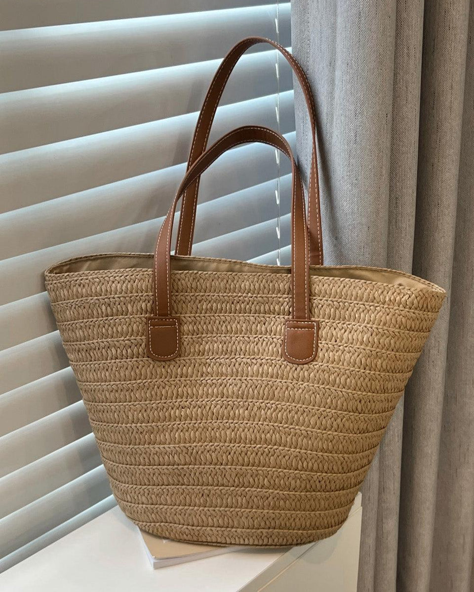 PU Leather Handle Straw Tote Bag - Crazy Like a Daisy Boutique