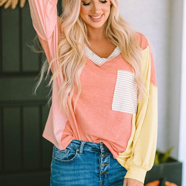 Color Block V-Neck Dropped Shoulder Top with Pocket - Crazy Like a Daisy Boutique #