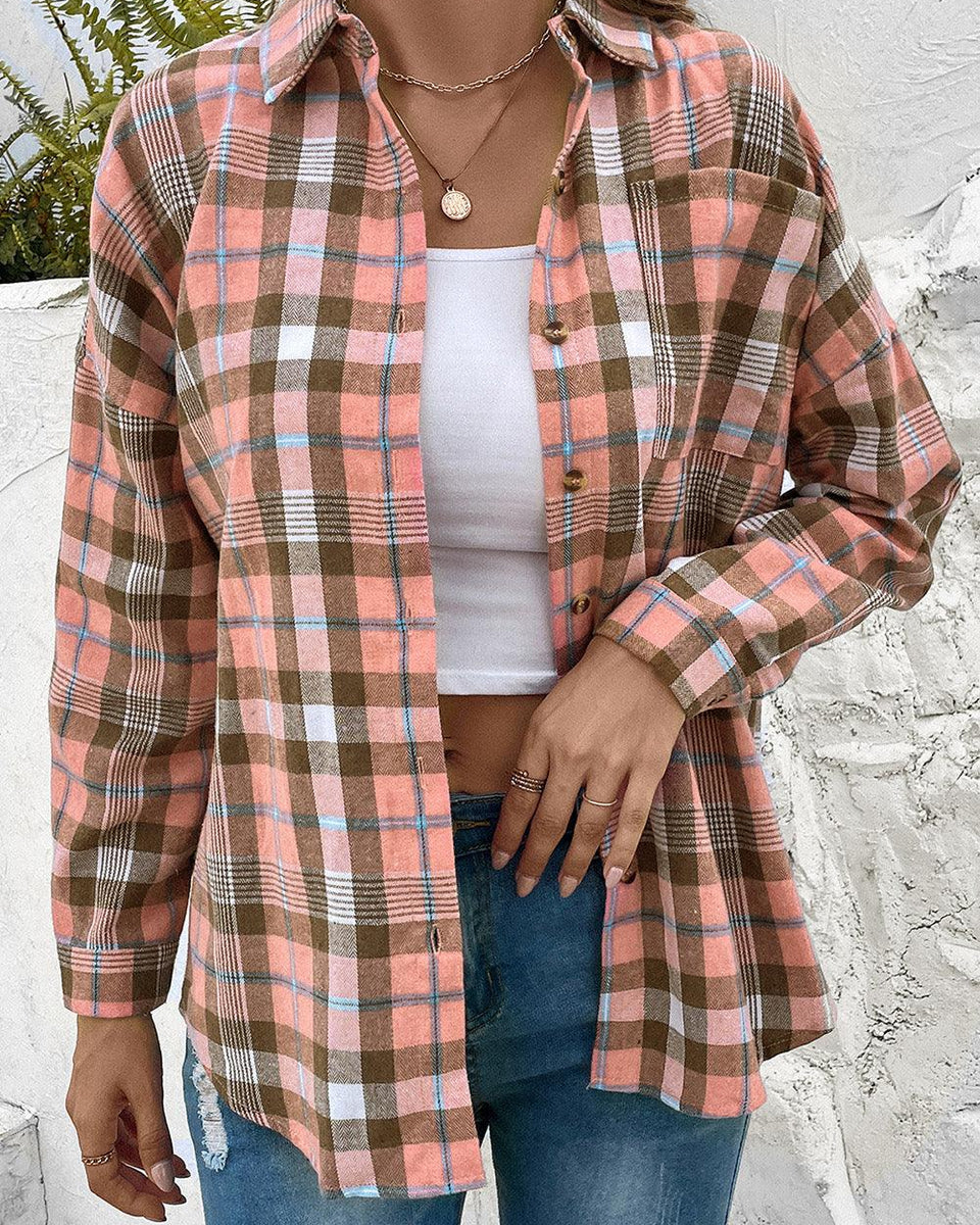 Plaid Collared Neck Long Sleeve Button-Up Shirt - Crazy Like a Daisy Boutique