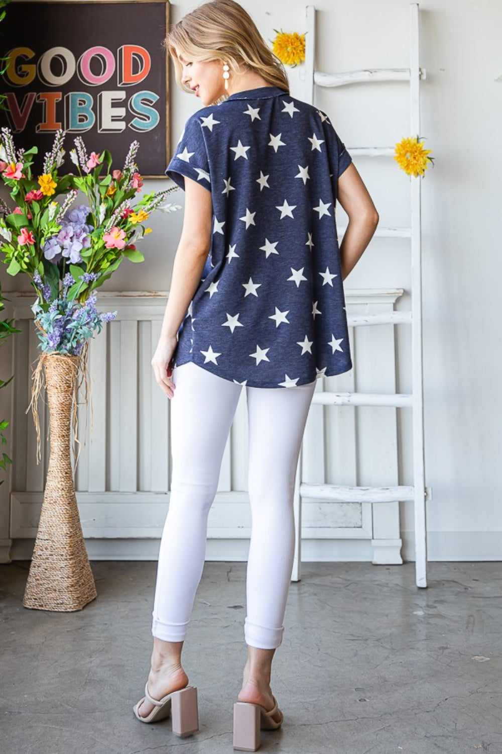 Heimish Full Size Star Print V-Neck Short Sleeve T-Shirt - Crazy Like a Daisy Boutique #