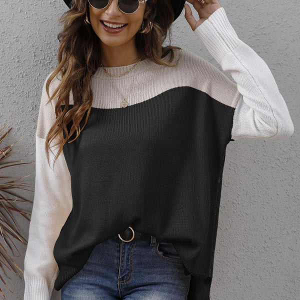 Color Block Round Neck Dropped Shoulder Sweater - Crazy Like a Daisy Boutique #